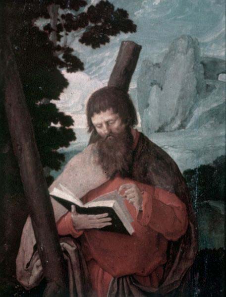Der heilige Andreas in Halbfigur, vor Landschaft
